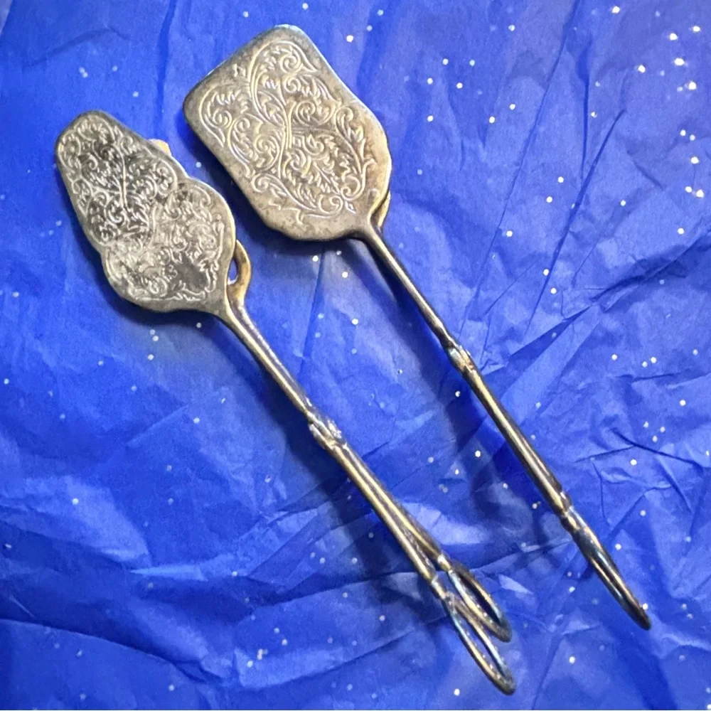 Vintage Engraved Sandwich Server, Silver Plate Serving Tongs Set of 2